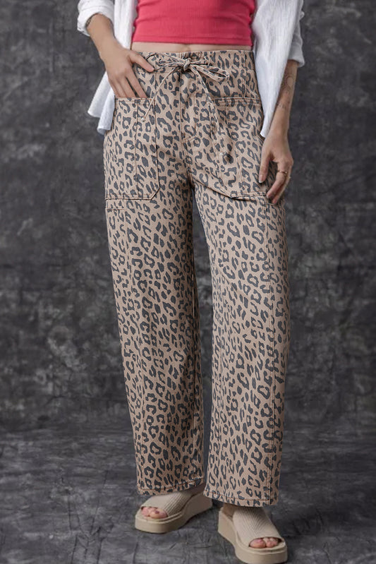 Blue Zone Planet | Khaki Leopard Printed Drawstring Waist Pocketed Wide Leg Jeans-Bottoms/Jeans-[Adult]-[Female]-Khaki-6-2022 Online Blue Zone Planet