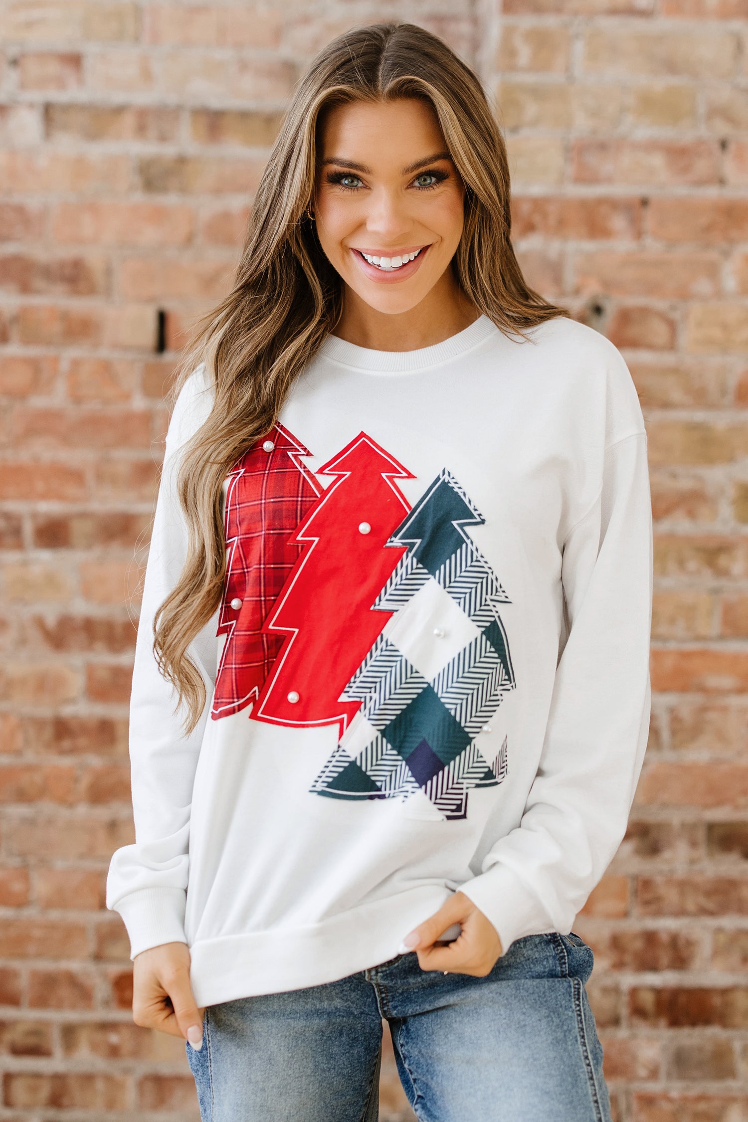 White Pearl Plaid Christmas Tree Patched Drop Shoulder Sweatshirt-Tops/Sweatshirts & Hoodies-[Adult]-[Female]-2022 Online Blue Zone Planet