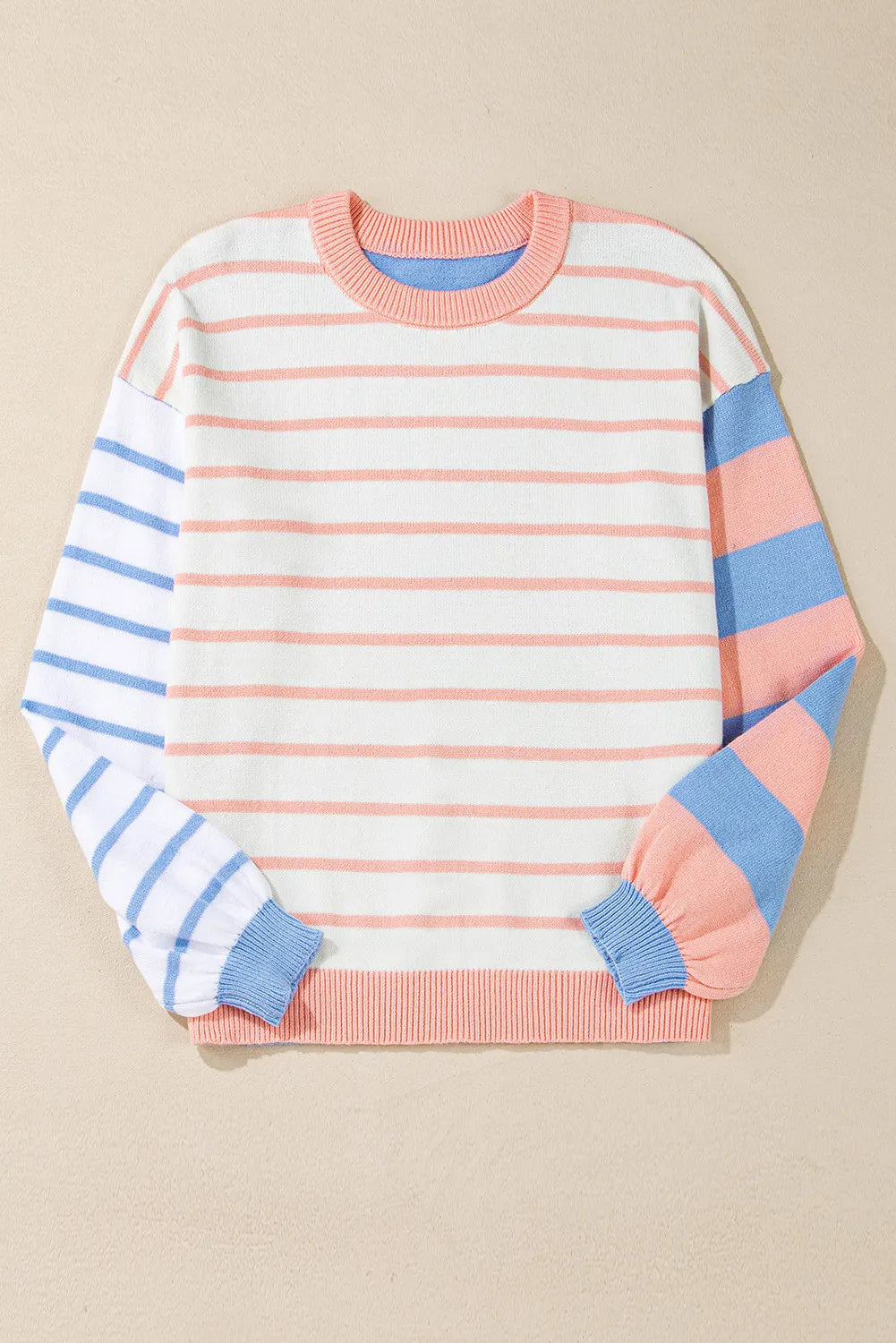 Contrast Striped Round Neck Long Sleeve Sweater-TOPS / DRESSES-[Adult]-[Female]-2022 Online Blue Zone Planet