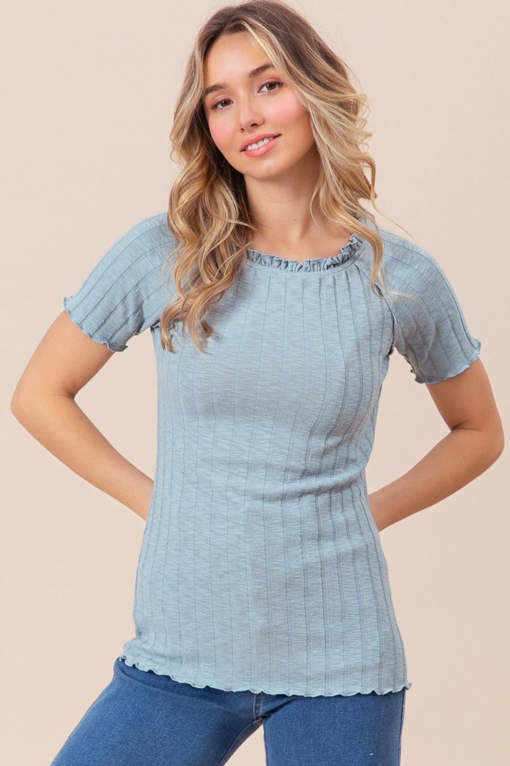 BiBi Ruffle Round Neck Merrow Edge Rib Top-TOPS / DRESSES-[Adult]-[Female]-2022 Online Blue Zone Planet