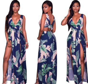Cindy's Botanical Print Slit Backless V-Shaped Nightclub Maxi Dress-TOPS / DRESSES-[Adult]-[Female]-Blue-L-2022 Online Blue Zone Planet