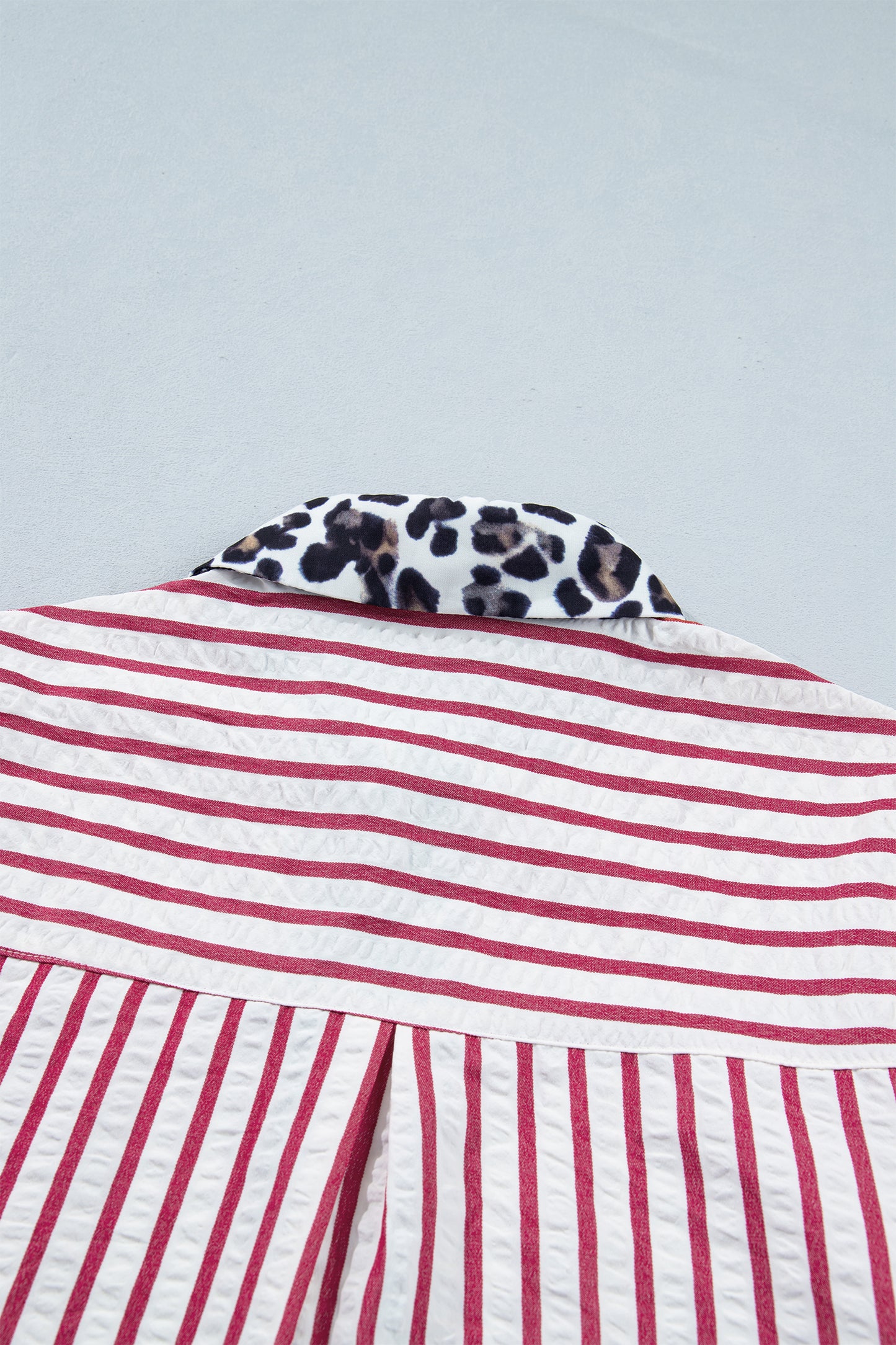 Red Stripe Leopard Contrast Trim Half Button Blouse-Tops/Blouses & Shirts-[Adult]-[Female]-2022 Online Blue Zone Planet