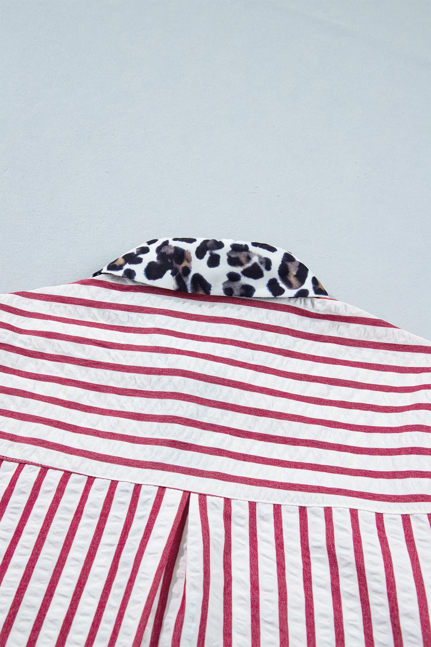 Red Stripe Leopard Contrast Trim Half Button Blouse-Tops/Blouses & Shirts-[Adult]-[Female]-2022 Online Blue Zone Planet