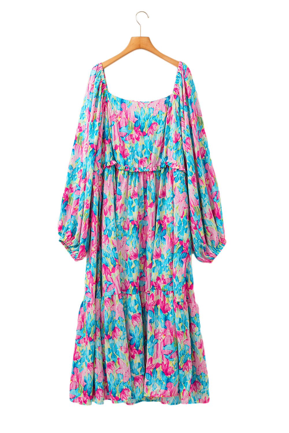 Sky Blue Floral Allover Print Square Neck Plus Size Maxi Dress-Plus Size Dresses-[Adult]-[Female]-2022 Online Blue Zone Planet