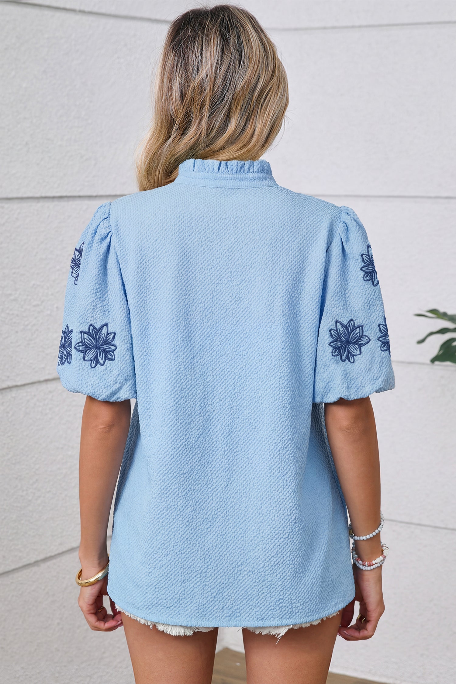 Beau Blue Flower Embroidered Puff Sleeve Split Neck Textured Blouse-Tops/Blouses & Shirts-[Adult]-[Female]-2022 Online Blue Zone Planet