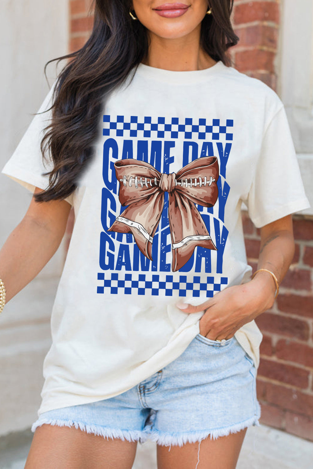 White Rugby Bowknot GAME DAY Graphic Tee-Graphic/Graphic Tees-[Adult]-[Female]-White-S-2022 Online Blue Zone Planet