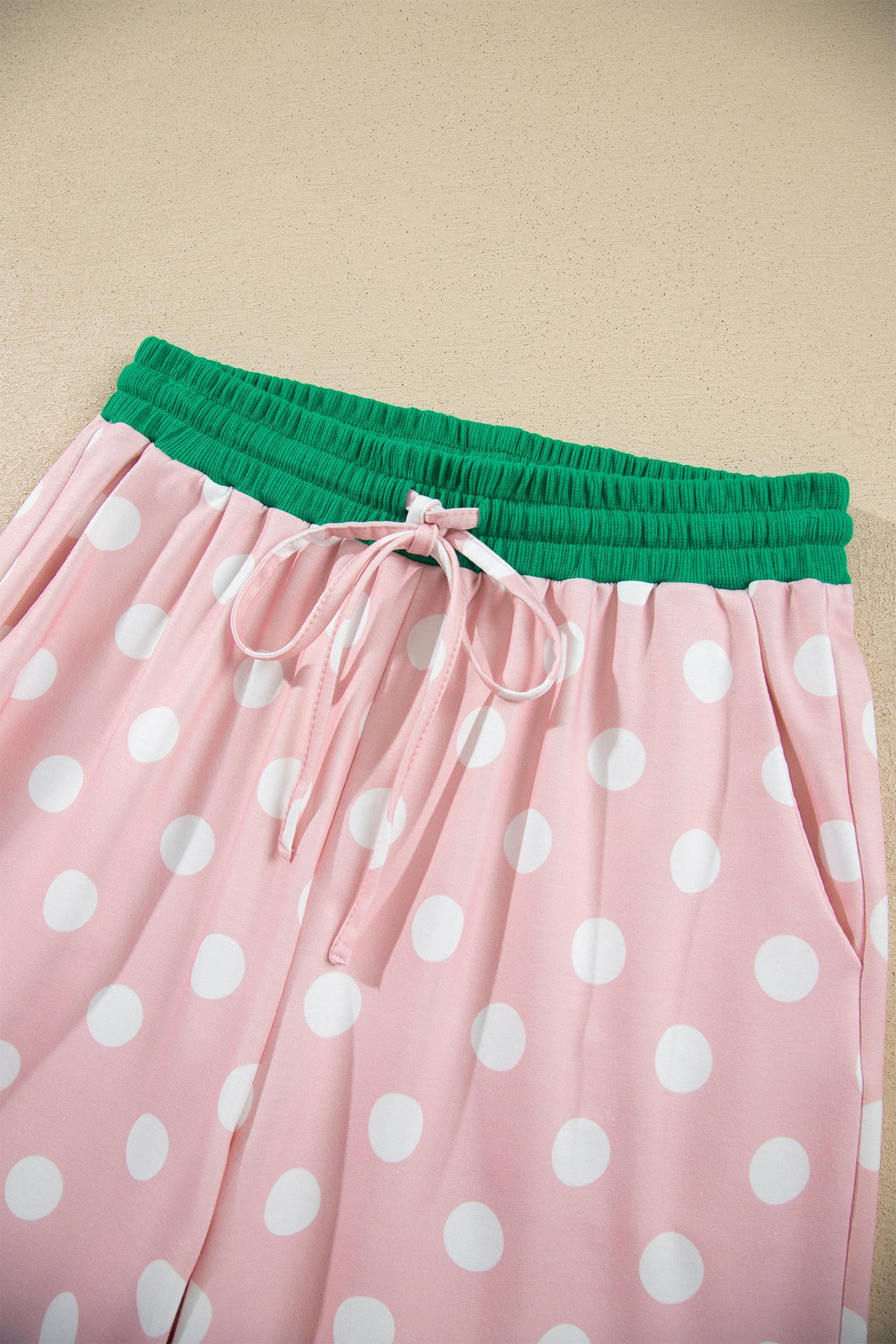 Pink Polka Dot Contrast Trim Long Sleeve Top Drawstring Shift Pants Set-Two Piece Sets/Pant Sets-[Adult]-[Female]-2022 Online Blue Zone Planet