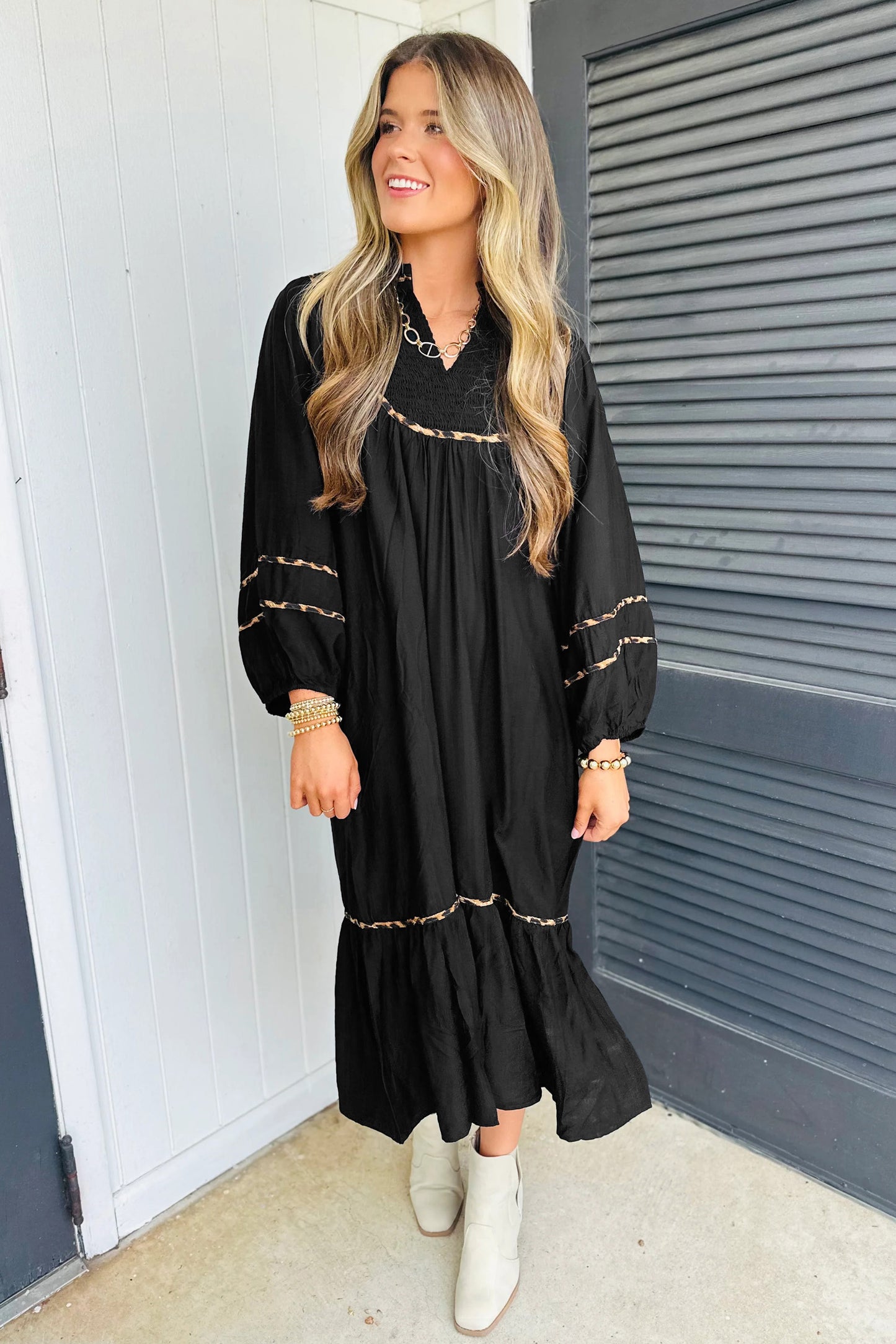 Black Contrast Leopard Trim Split Neck Long Sleeve Casual Midi Dress-TOPS / DRESSES-[Adult]-[Female]-2022 Online Blue Zone Planet