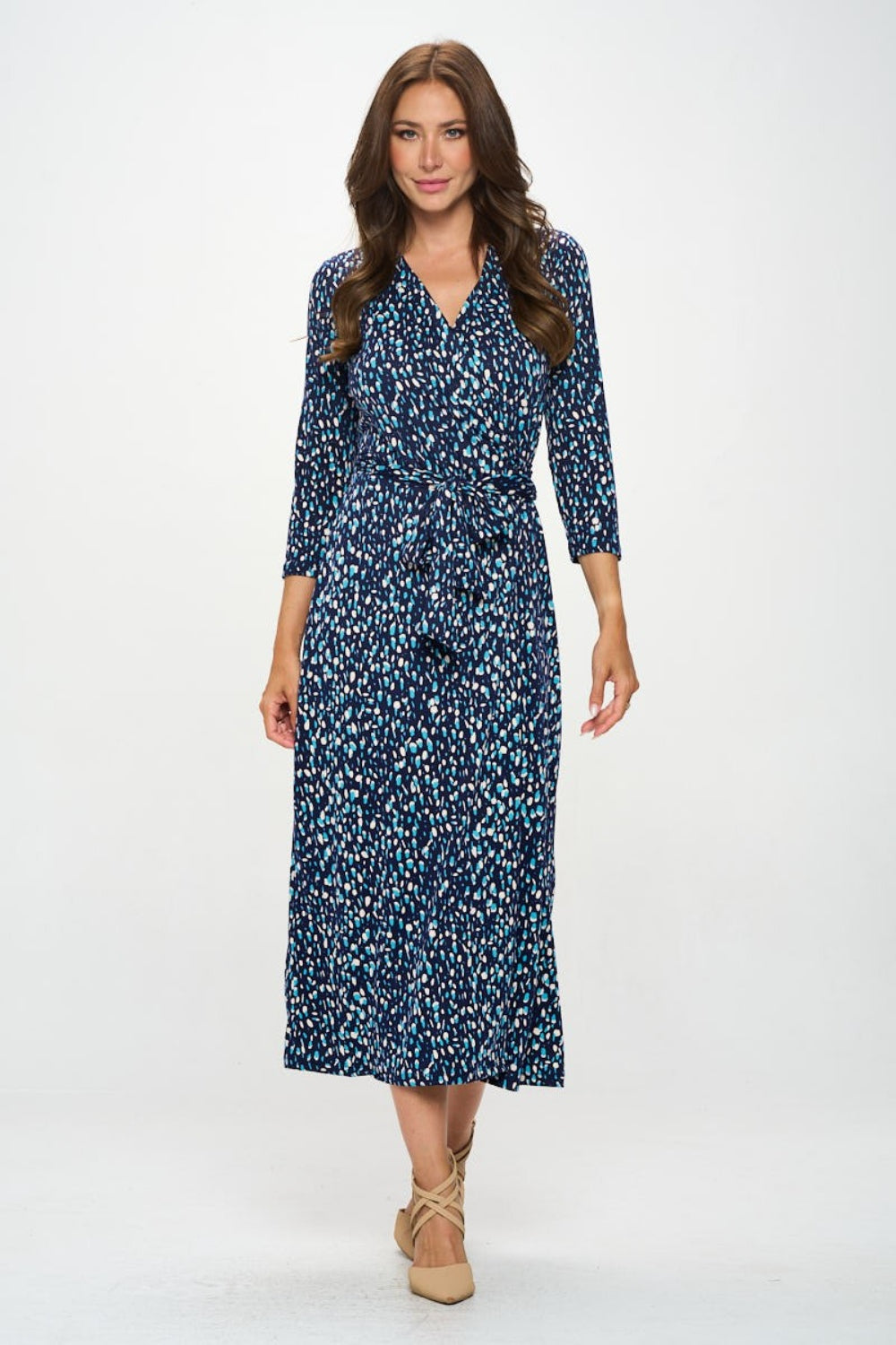 RENEE C Printed Tie Front Surplice Midi Dress-TOPS / DRESSES-[Adult]-[Female]-Navy-S-2022 Online Blue Zone Planet