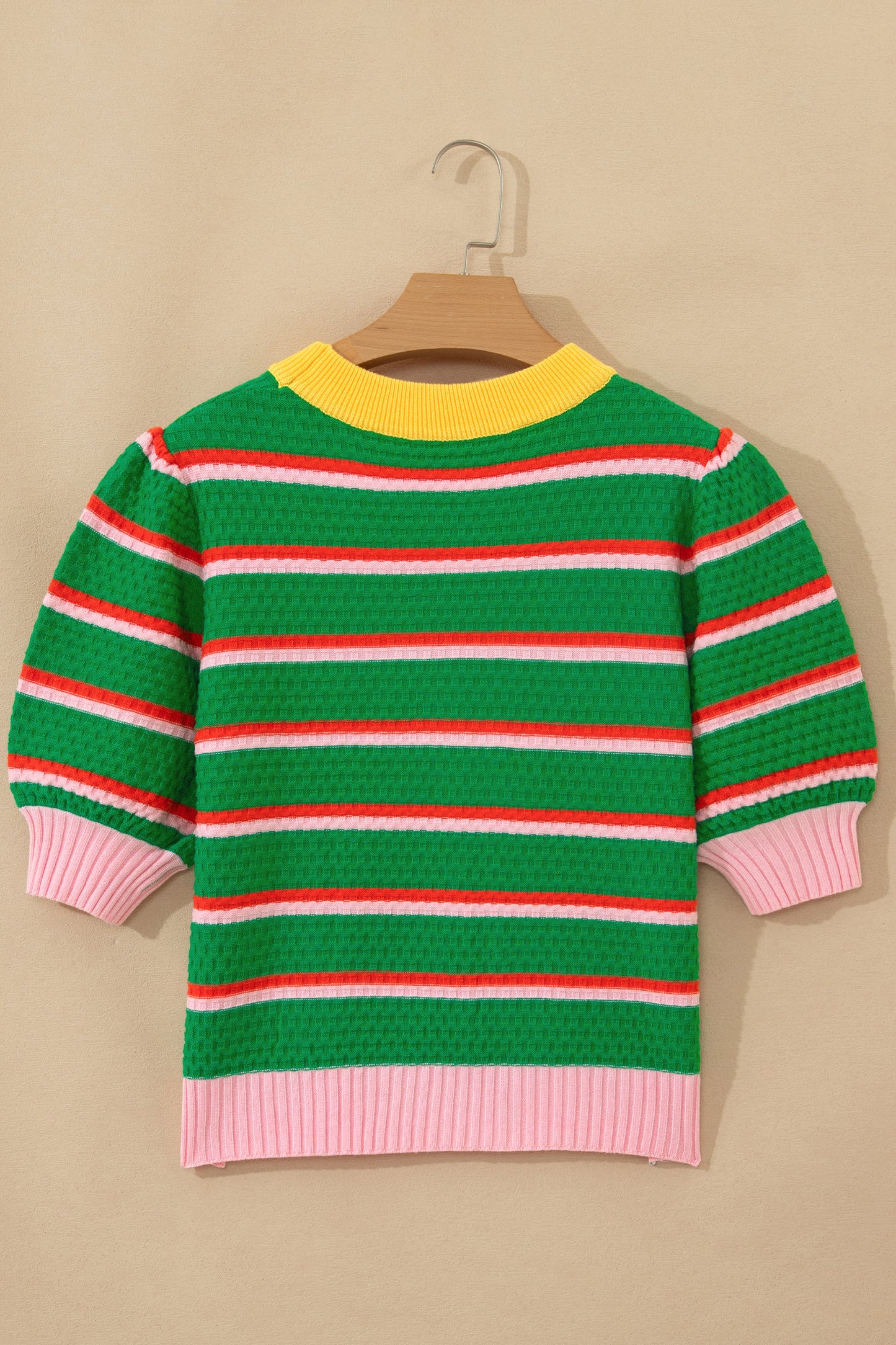 Green Stripe Colorblock Trim Half Sleeve Sweater Top-TOPS / DRESSES-[Adult]-[Female]-2022 Online Blue Zone Planet