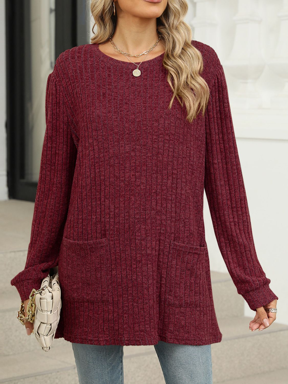 Pocketed Round Neck Long Sleeve T-Shirt-TOPS / DRESSES-[Adult]-[Female]-Burgundy-S-2022 Online Blue Zone Planet