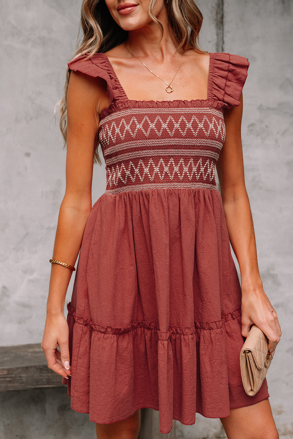 Red Sandalwood Geometric Stitch Shirred Bodice Ruffled Trim Sleeveless Mini Dress-TOPS / DRESSES-[Adult]-[Female]-2022 Online Blue Zone Planet