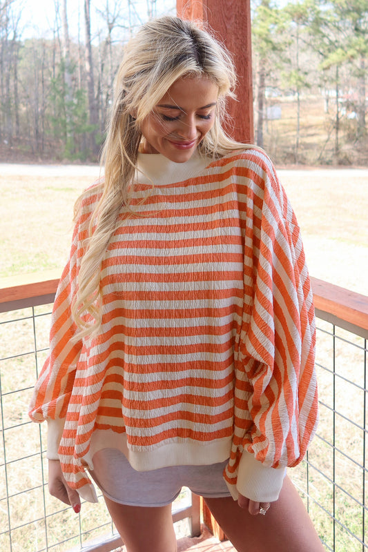 Orange Stripe Textured Contrast High Neck Long Sleeve Top Elastic Waist Pants 2pcs Set-Two Piece Sets/Pant Sets-[Adult]-[Female]-2022 Online Blue Zone Planet