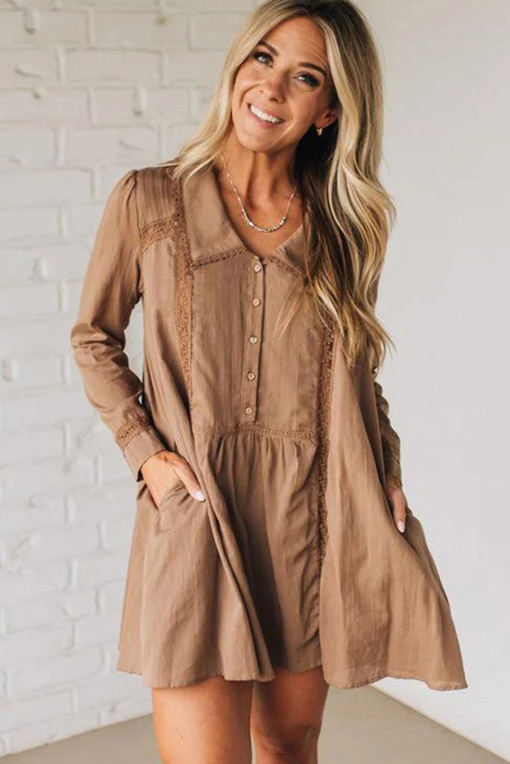 Straw Yellow Lace Trim Peter Pan Collar Long Sleeve Mini Shirt Dress