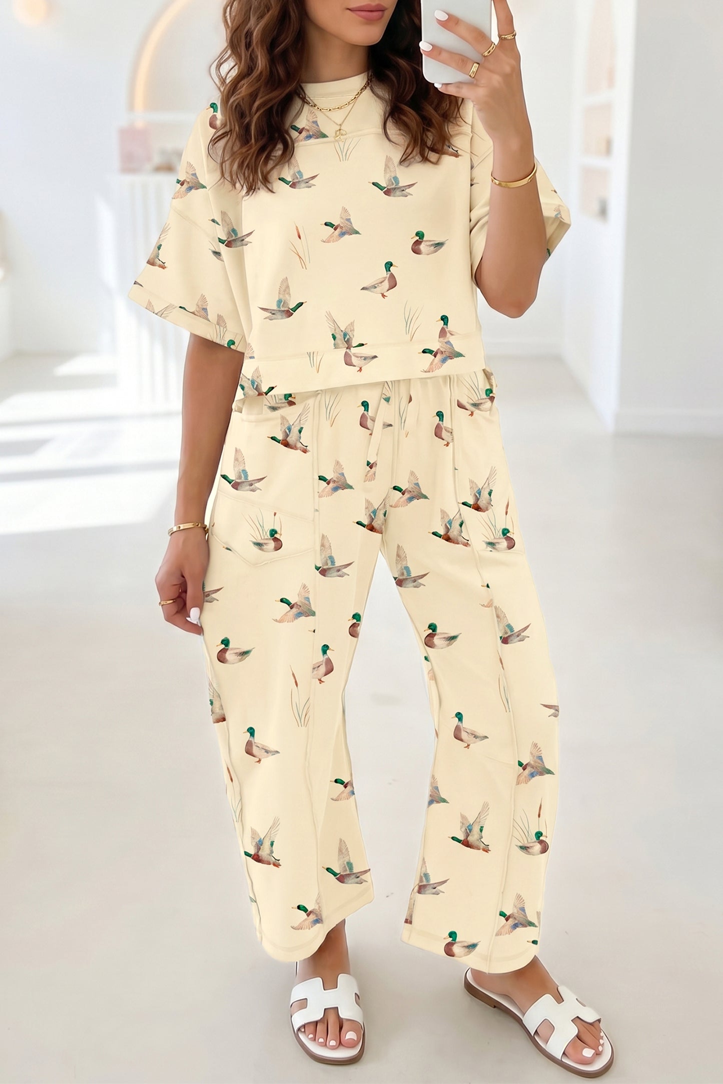 Beige Duck Print Short Sleeve Top Pocket Pants 2pcs Casual Set