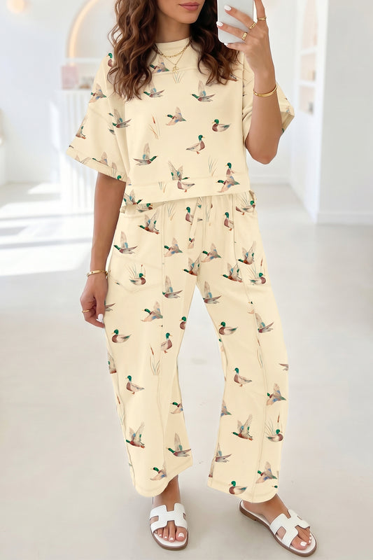 Beige Duck Print Short Sleeve Top Pocket Pants 2pcs Casual Set-Two Piece Sets/Pant Sets-[Adult]-[Female]-Beige-S-2022 Online Blue Zone Planet