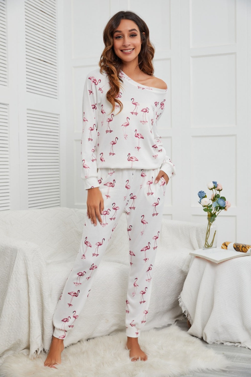 Blue Zone Planet | Flamingo Long Sleeve Top and Pants Lounge Set-TOPS / DRESSES-[Adult]-[Female]-White-S-2022 Online Blue Zone Planet