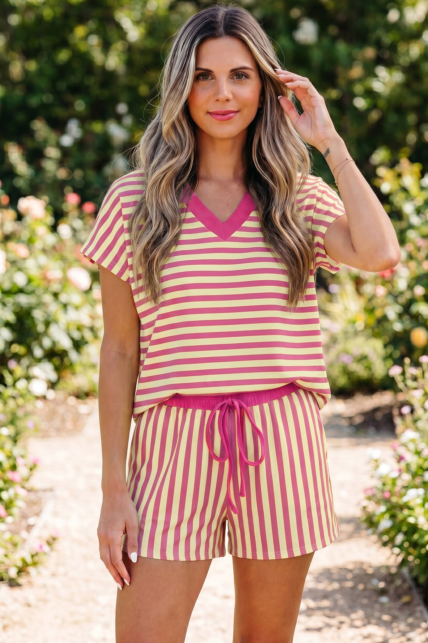 Green Stripe Colorblock Trim V Neck Tee Drawstring Elastic Waist Short Set-Two Piece Sets/Short Sets-[Adult]-[Female]-Pink Stripe-S-2022 Online Blue Zone Planet