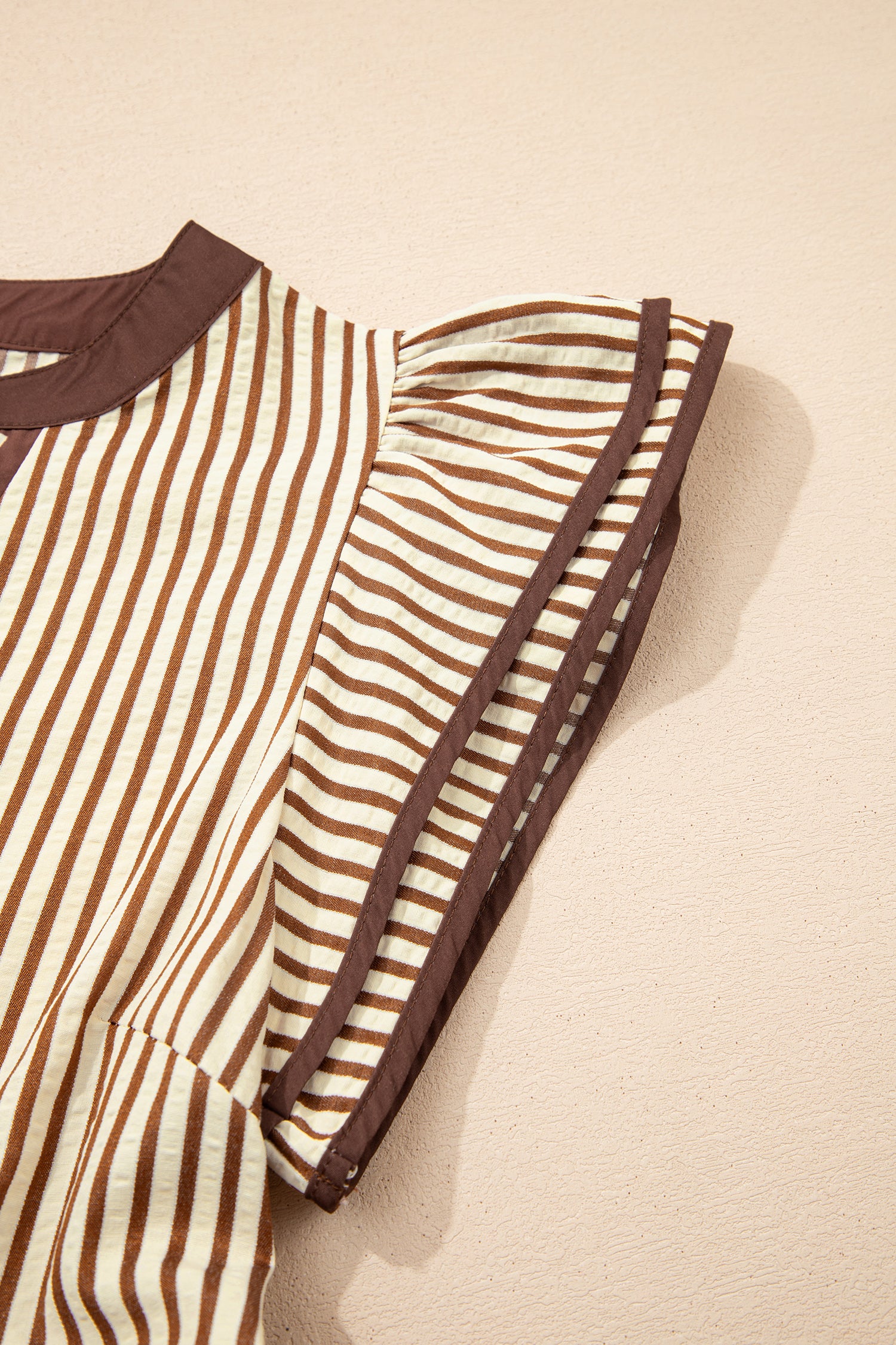 Brown Stripe Double Ruffled Short Sleeve Contrast Trim V Neck Midi Dress-TOPS / DRESSES-[Adult]-[Female]-2022 Online Blue Zone Planet