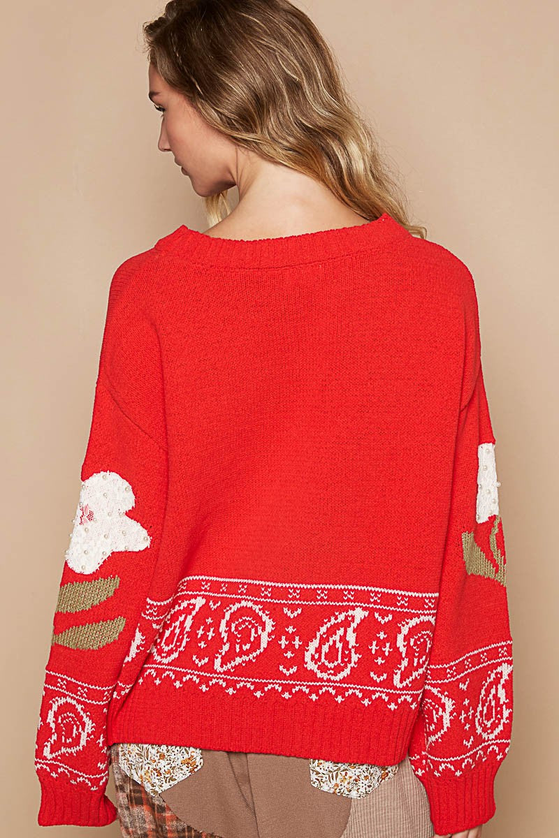 Blue Zone Planet | POL Flower Lace Patch Long Sleeve Sweater-TOPS / DRESSES-[Adult]-[Female]-2022 Online Blue Zone Planet