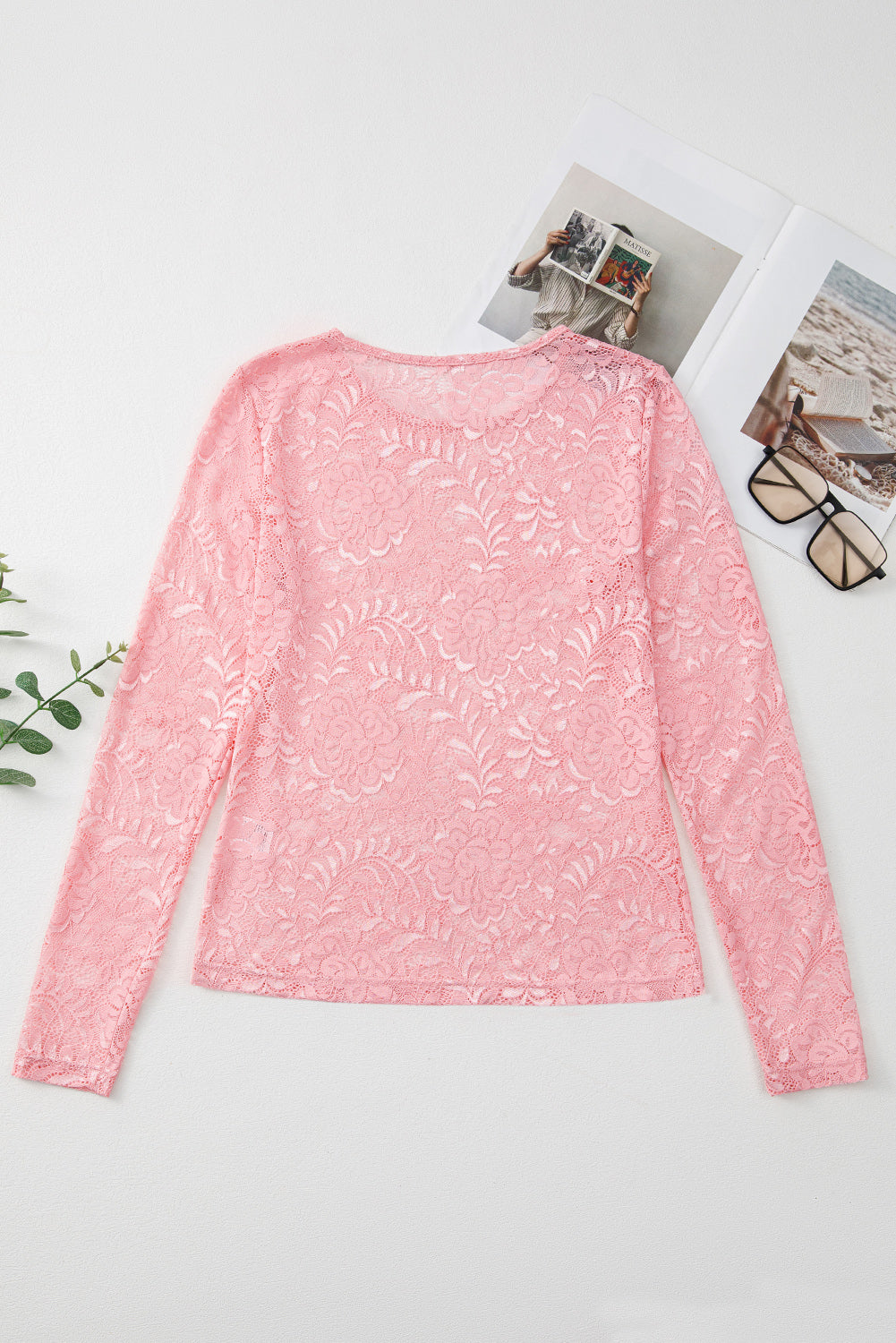 Lace Flower Round Neck Long Sleeve Top-TOPS / DRESSES-[Adult]-[Female]-2022 Online Blue Zone Planet