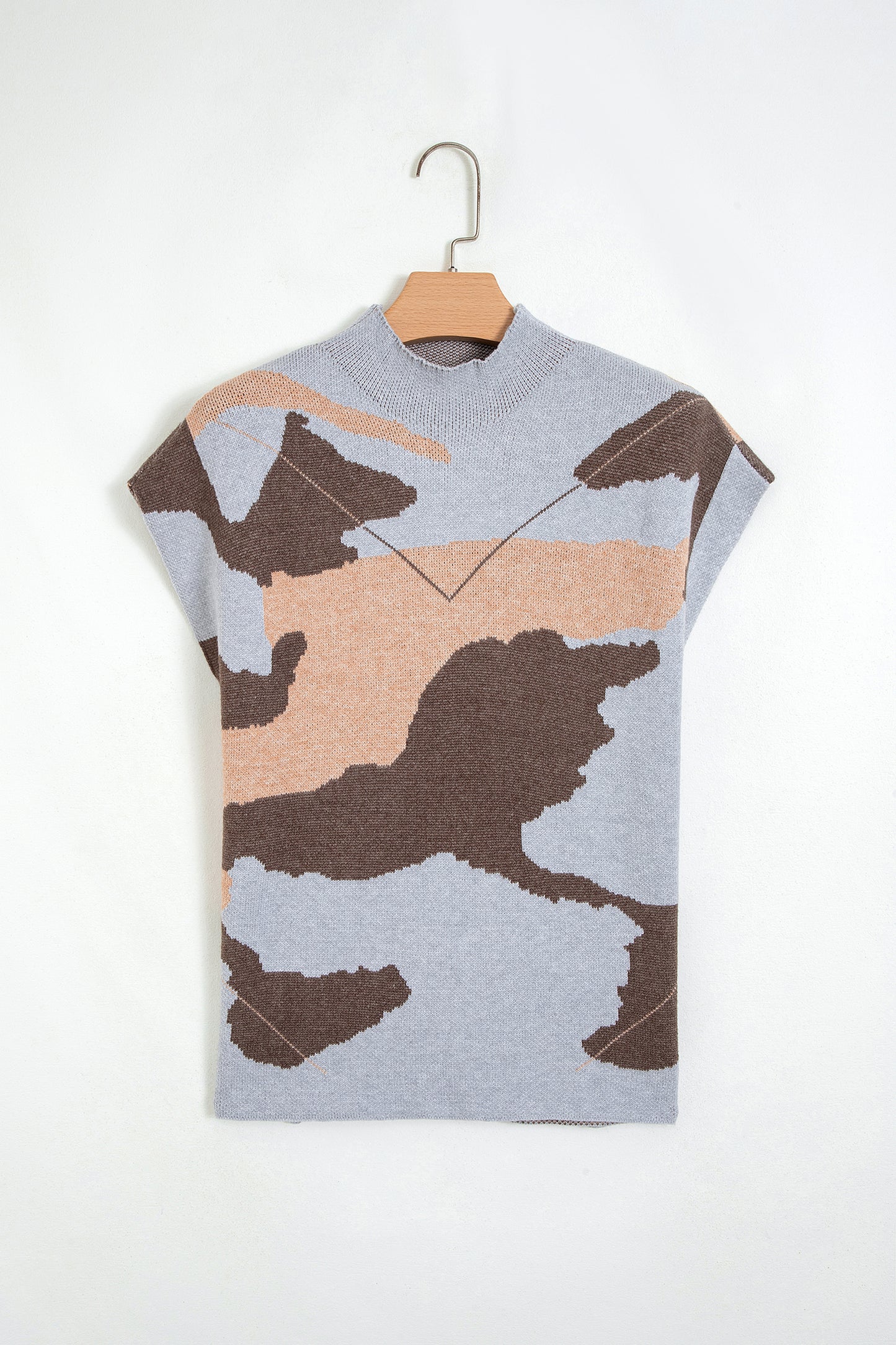 Gray Camouflage Pattern Drop Shoulder High Neck Short Sleeve Shift Sweater