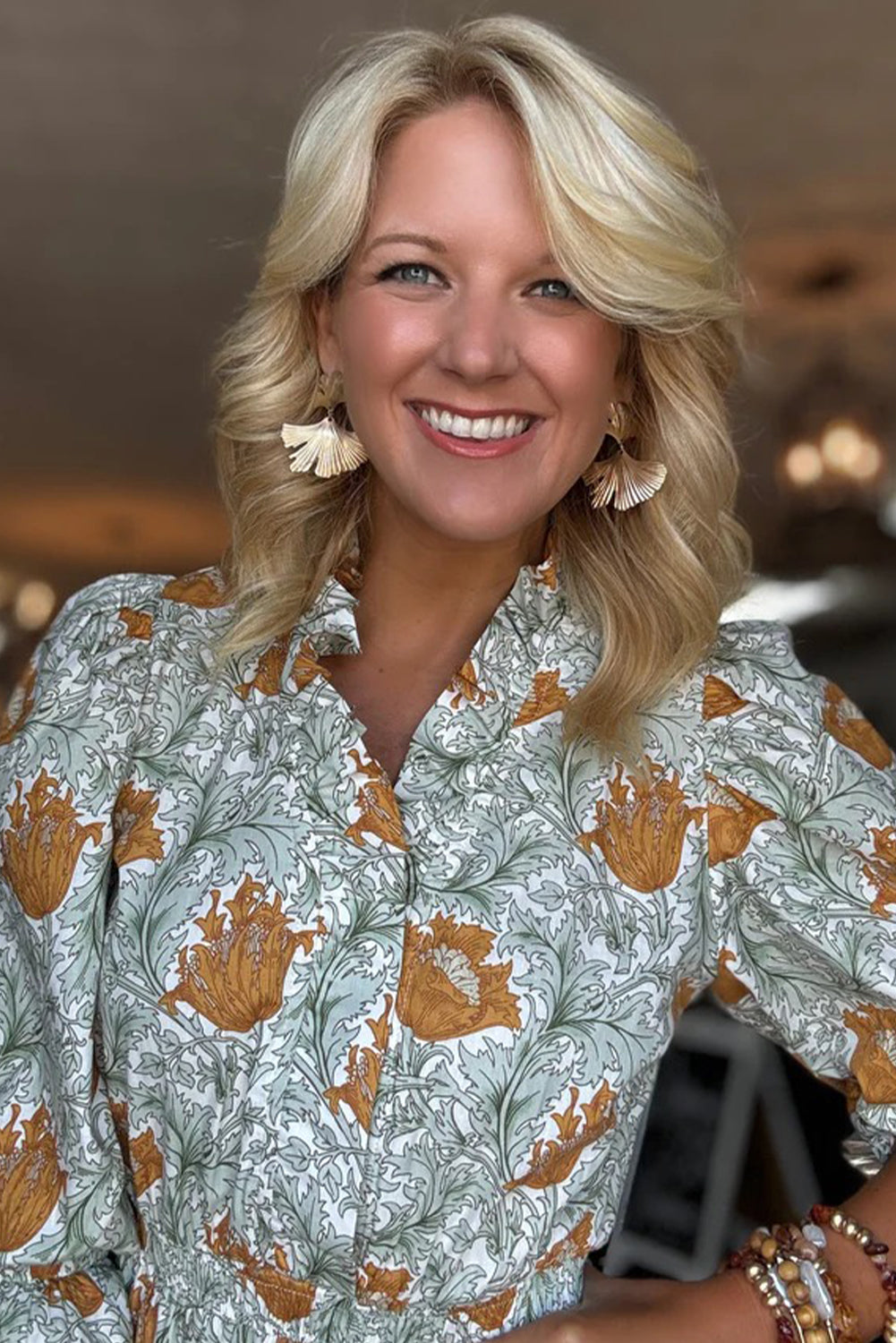 Brown Floral Printed Frilled V Neck Bracelet Sleeve Long Dress-Dresses/Floral Dresses-[Adult]-[Female]-2022 Online Blue Zone Planet