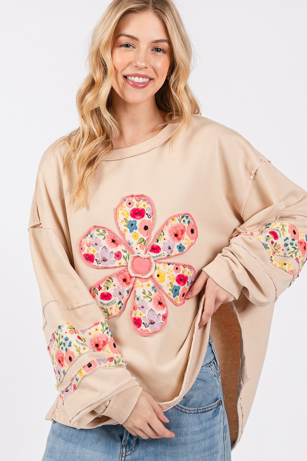 Blue Zone Planet | SAGE + FIG Daisy Patch Applique Long Sleeve Sweatshirt-TOPS / DRESSES-[Adult]-[Female]-2022 Online Blue Zone Planet