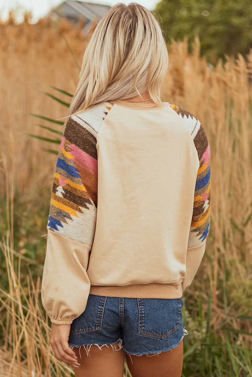 Light French Beige Aztec Patchwork Raglan Pullover Sweatshirt-Tops/Sweatshirts & Hoodies-[Adult]-[Female]-2022 Online Blue Zone Planet