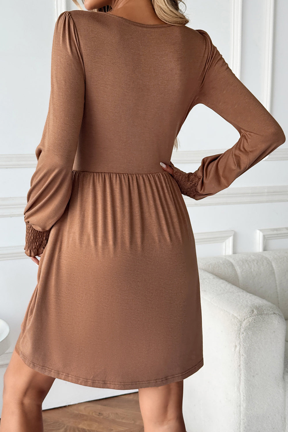 Chestnut Shirred Cuff Long Sleeve Button Round Neck Mini Dress-TOPS / DRESSES-[Adult]-[Female]-2022 Online Blue Zone Planet