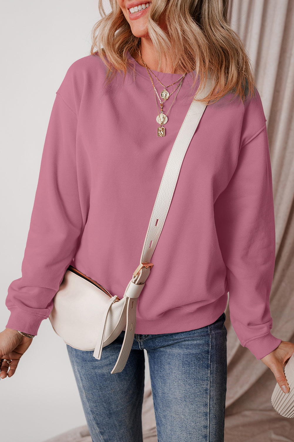 Round Neck Long Sleeve Sweatshirt-TOPS / DRESSES-[Adult]-[Female]-Dusty Pink-S-2022 Online Blue Zone Planet