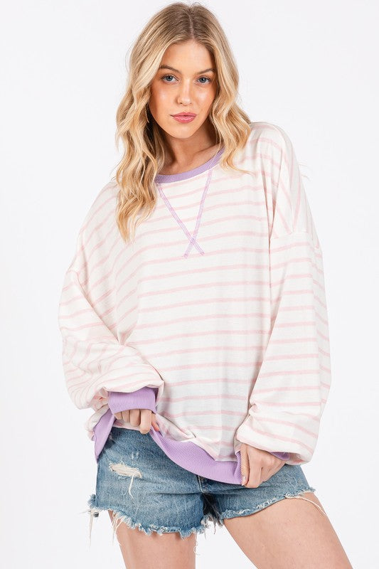 Ces Femme Striped Round Neck Drop Shoulder Sweatshirt-TOPS / DRESSES-[Adult]-[Female]-Blush Pink-S-2022 Online Blue Zone Planet