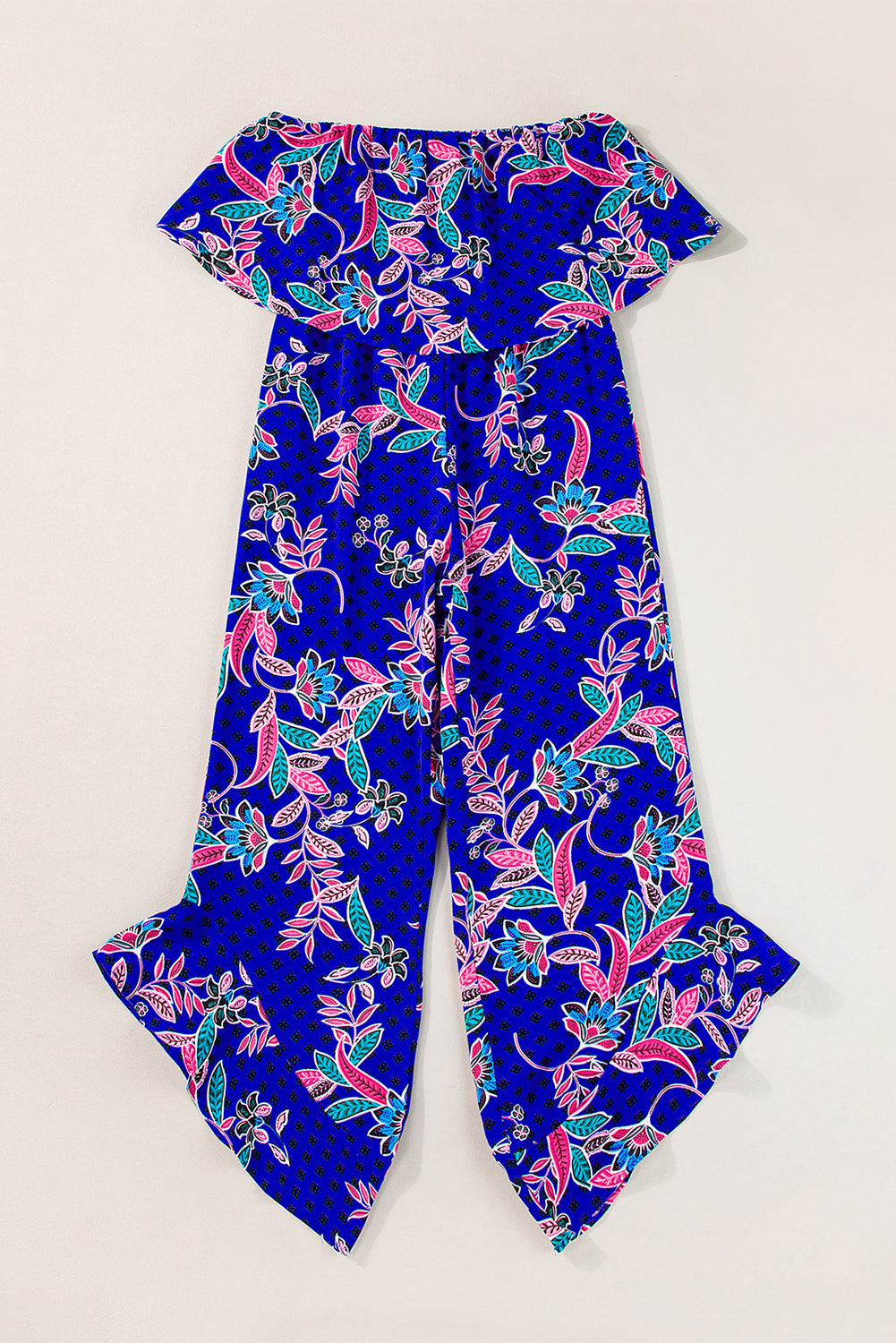 Blue Mix Tropical Print Strapless Ruffled Jumpsuit Blue Zone Planet