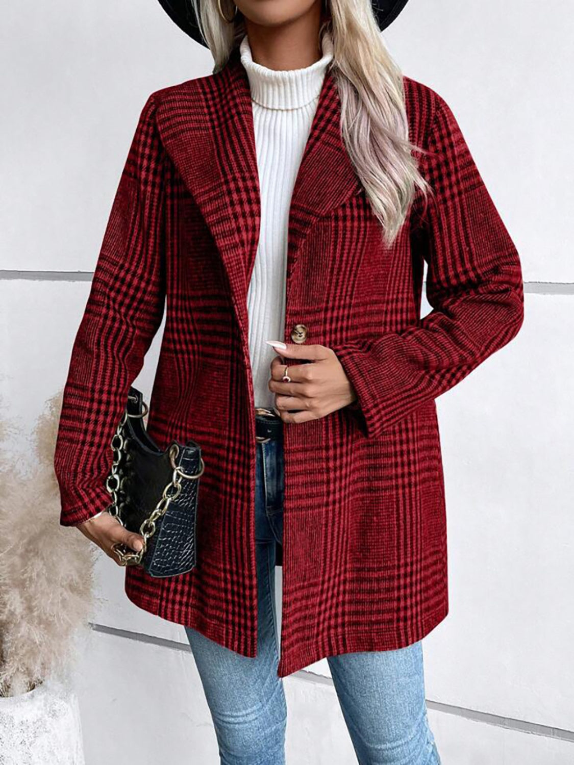 Blue Zone Planet | Plaid Collared Neck Long Sleeve Jacket-[Adult]-[Female]-2022 Online Blue Zone Planet