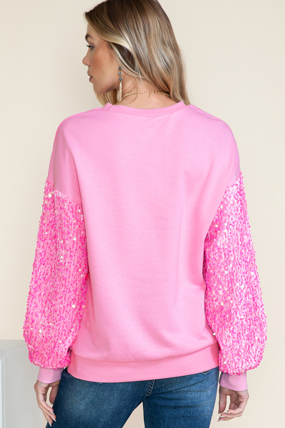 Pink Leopard Heart Graphic Sequin Patchwork Long Sleeve Valentines Top-Graphic Apparel-[Adult]-[Female]-2022 Online Blue Zone Planet