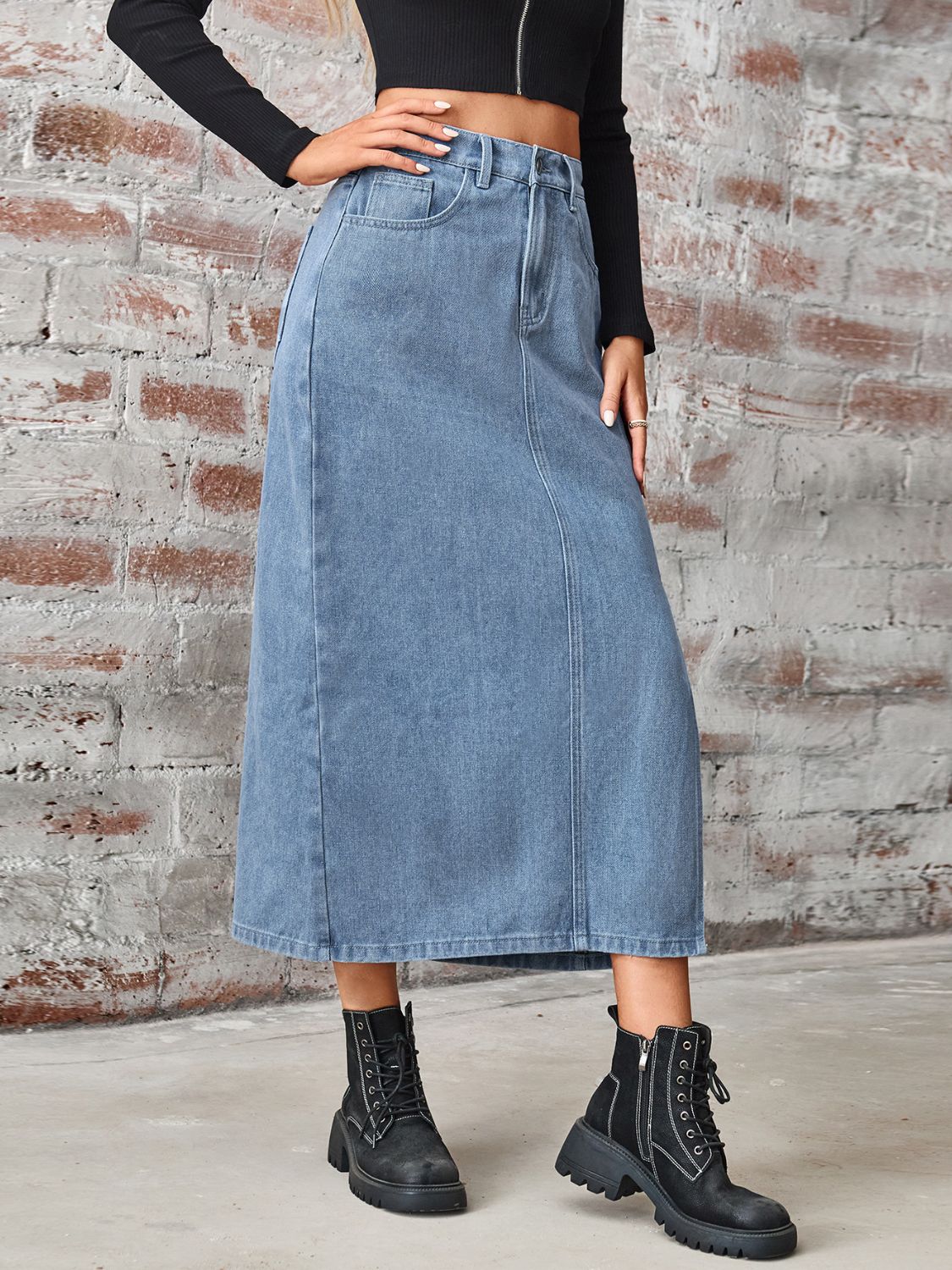 Slit High Waist Denim Skirt with Pockets-[Adult]-[Female]-2022 Online Blue Zone Planet