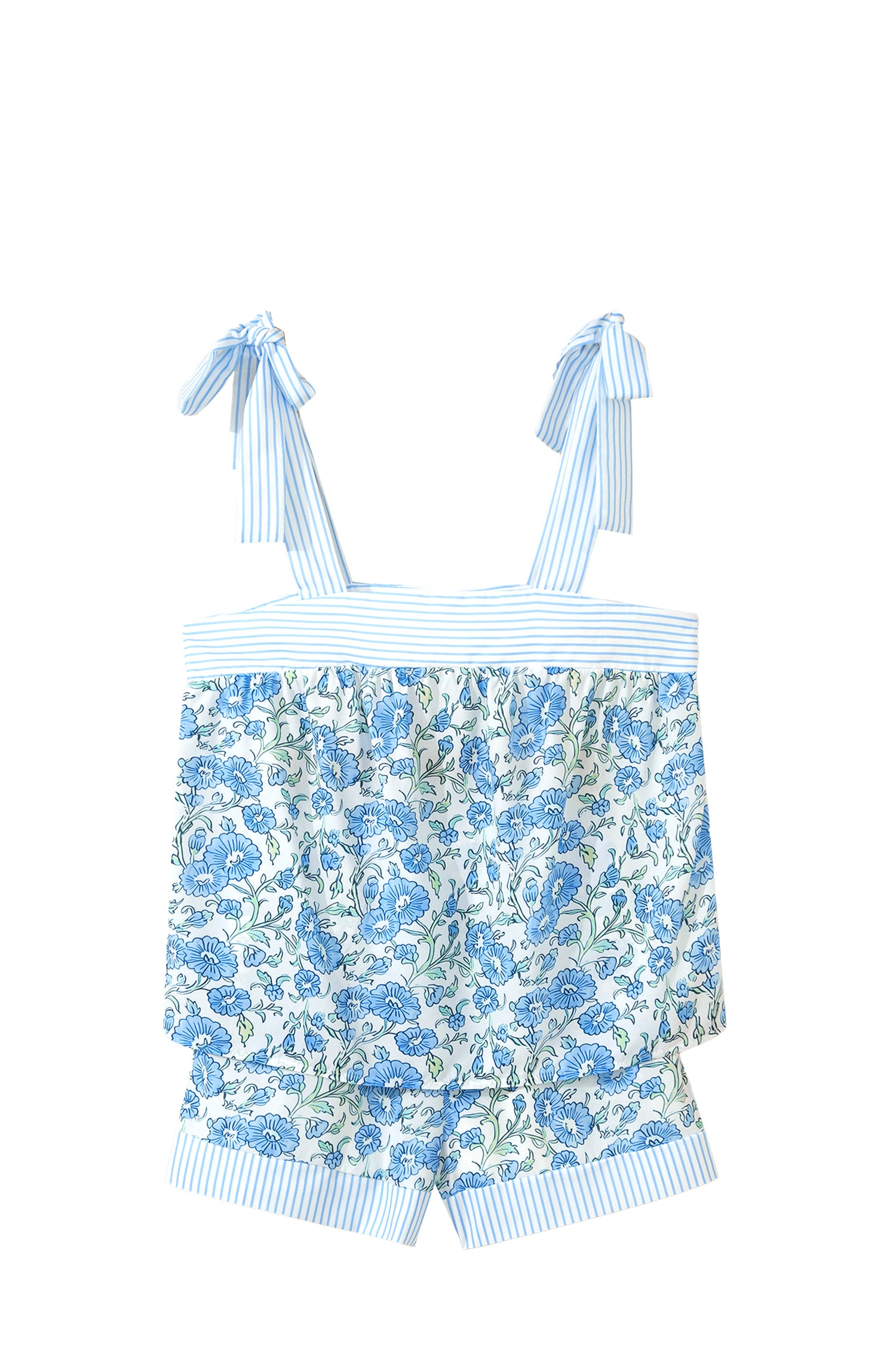 Sky Blue Floral Striped Patchwork Knot Straps 2pcs Short Set-Two Piece Sets/Short Sets-[Adult]-[Female]-2022 Online Blue Zone Planet