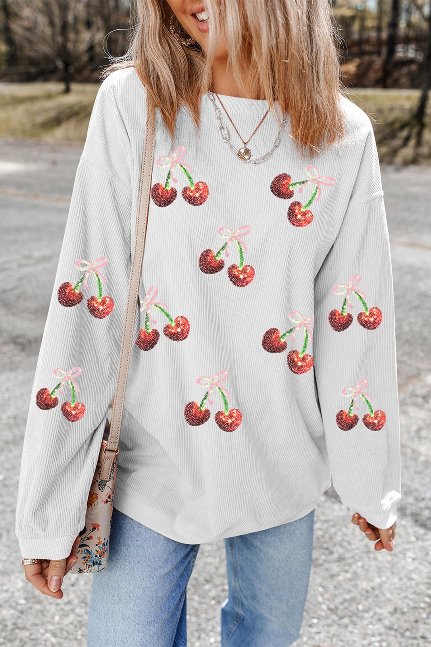 White Corded Ribbed Sequin Cherry Bow Patched Drop Shoulder Sweatshirt-Graphic/Graphic Sweatshirts-[Adult]-[Female]-2022 Online Blue Zone Planet