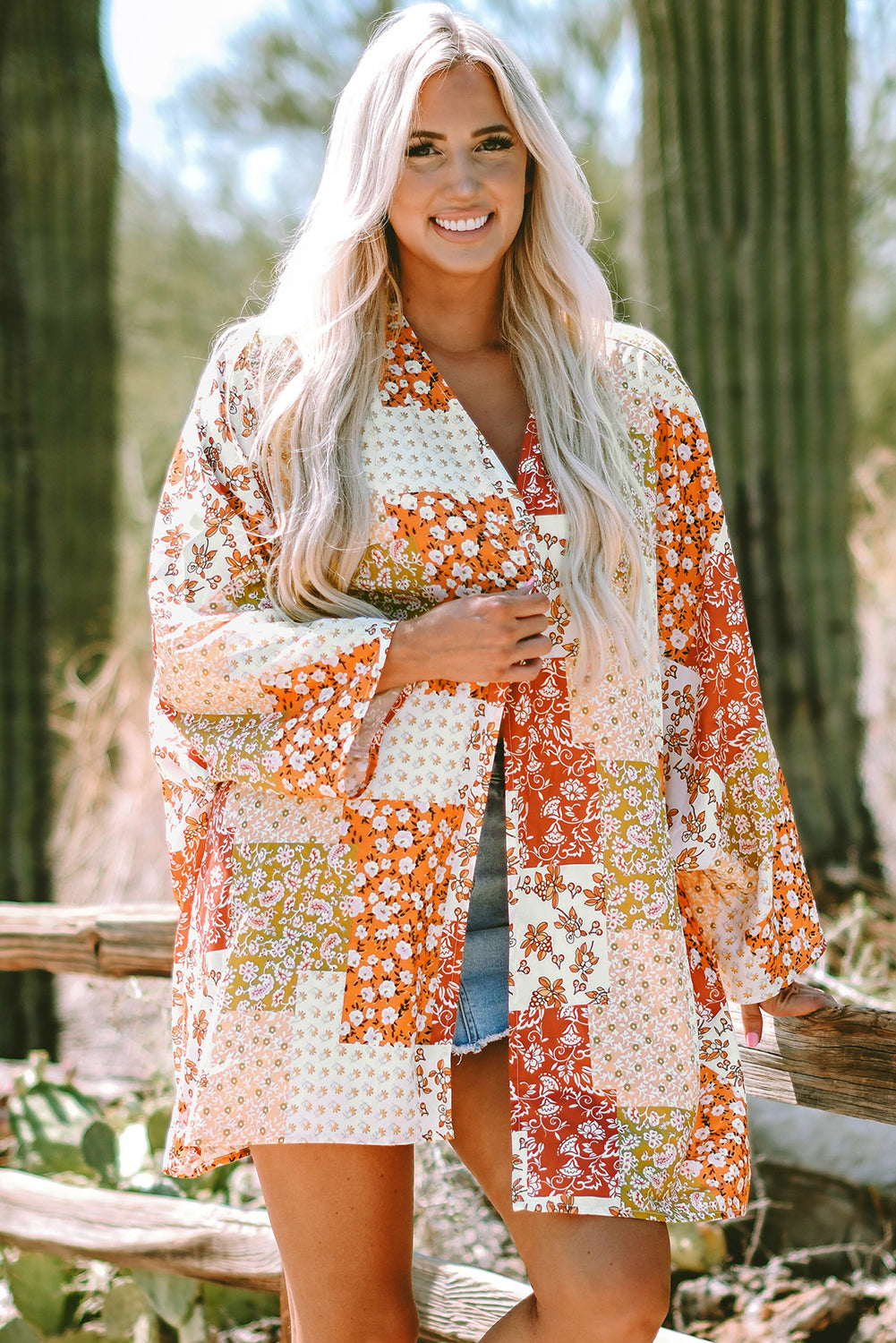 White Boho Patchwork Floral Open Front Kimono-Outerwear/Kimonos-[Adult]-[Female]-White-ONE SIZE-2022 Online Blue Zone Planet