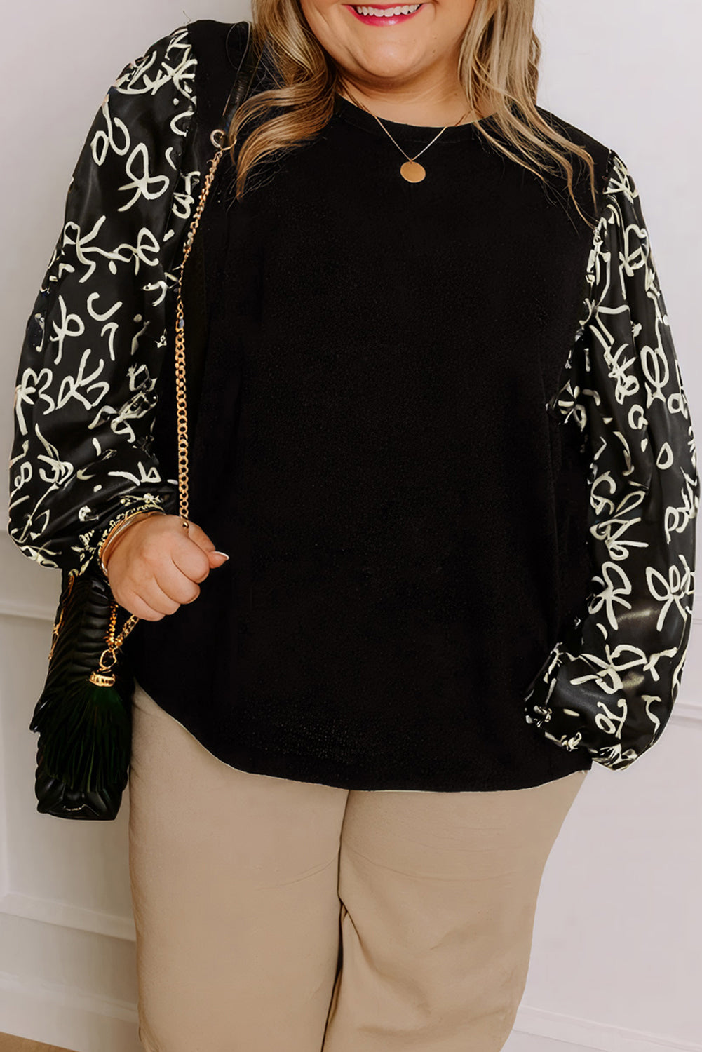 Black Bow Knot Patchwork Crewneck Plus Size Blouse-Plus Size/Plus Size Tops/Plus Size Blouses & Shirts-[Adult]-[Female]-Black-1X-2022 Online Blue Zone Planet