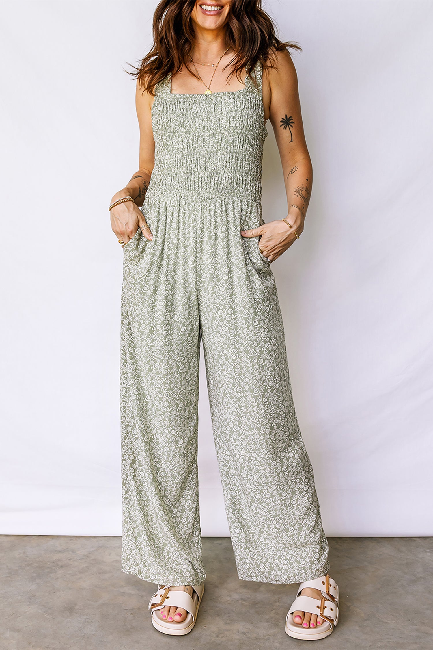 Green Smocked Bodice Square Neck Sleeveless Floral Jumpsuit-Bottoms/Jumpsuits & Rompers-[Adult]-[Female]-2022 Online Blue Zone Planet