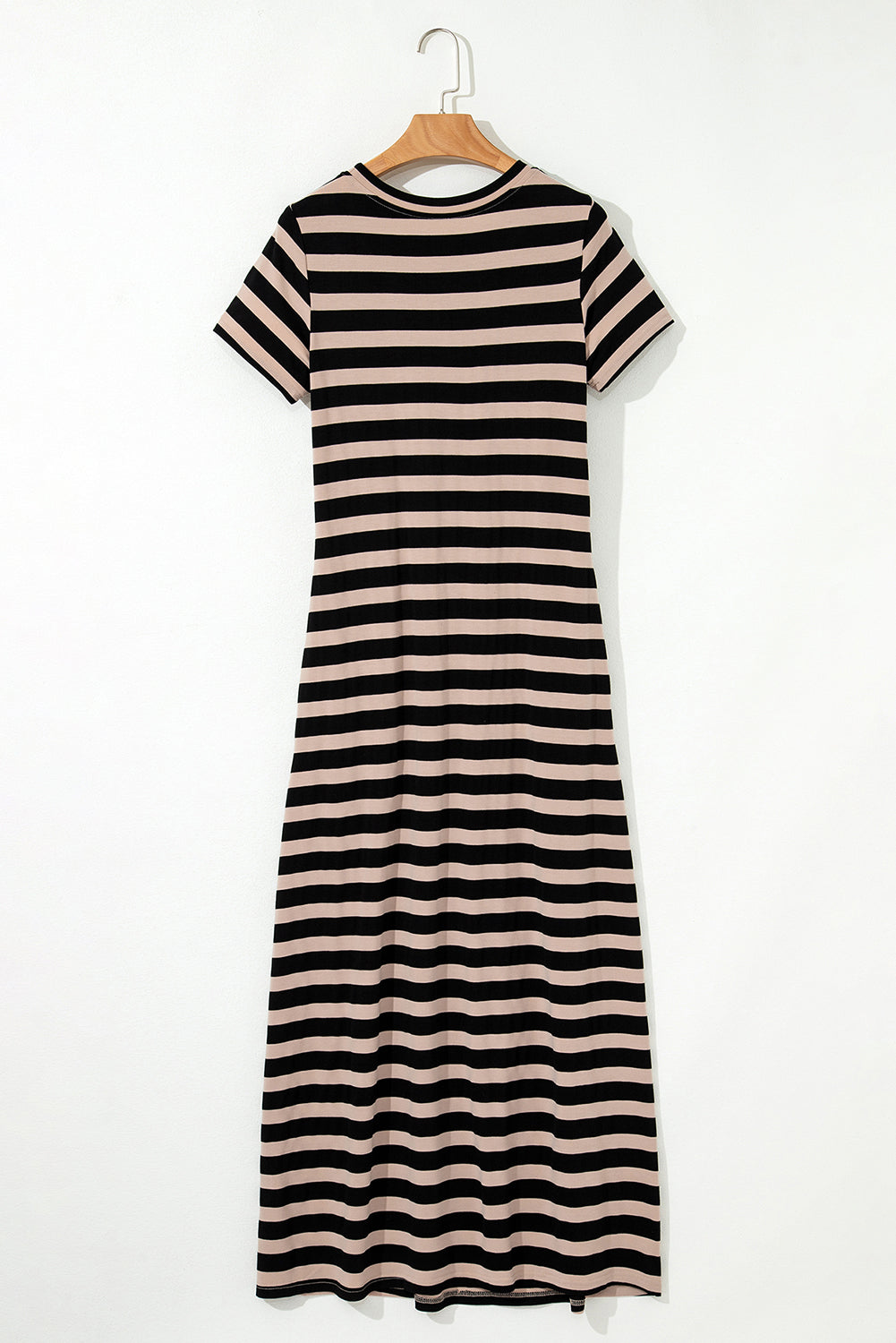 Black Stripe Casual Round Neck T-Shirt Maxi Dress With Pockets-Dresses/T Shirt Dresses-[Adult]-[Female]-2022 Online Blue Zone Planet