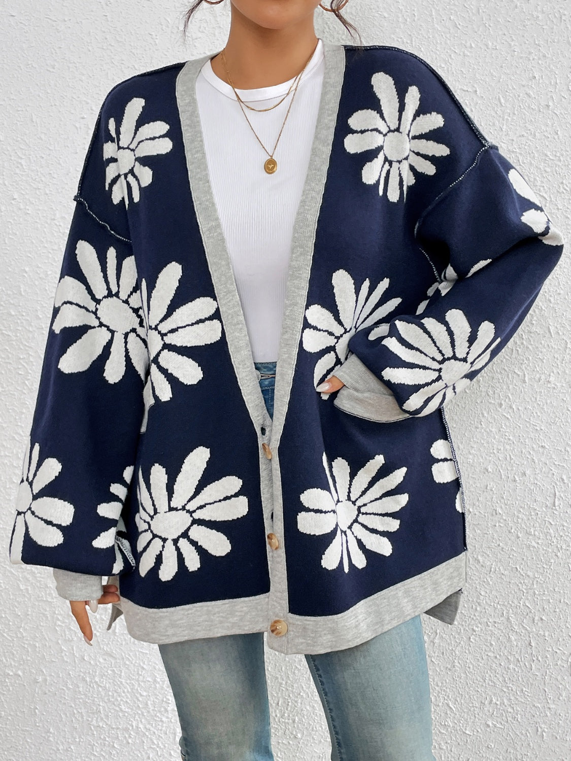 Contrast Dropped Shoulder Long Sleeve Cardigan-TOPS / DRESSES-[Adult]-[Female]-2022 Online Blue Zone Planet