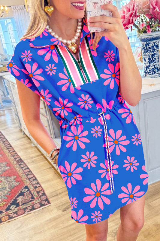 Purple Floral Striped Quarter Zip Cap Sleeve Drawstring Waist Mini Dress-Dresses/Floral Dresses-[Adult]-[Female]-Purple-S-2022 Online Blue Zone Planet