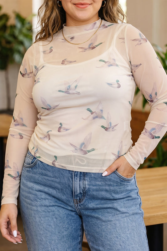 Beige Mesh Duck Print Tunic Long Sleeve Plus Size Blouse-Plus Size/Plus Size Tops/Plus Size Blouses & Shirts-[Adult]-[Female]-Beige-1X-2022 Online Blue Zone Planet