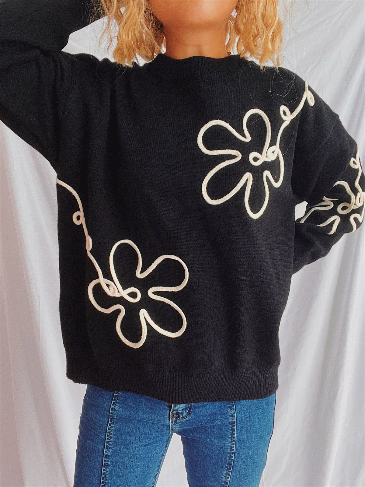 Flower Round Neck Long Sleeve Sweater-TOPS / DRESSES-[Adult]-[Female]-Black-One Size-2022 Online Blue Zone Planet