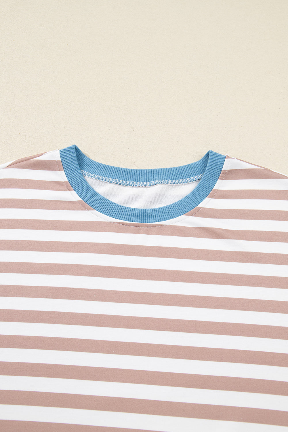 Khaki Stripe Contrast Edge Drop Shoulder Pullover and Shorts Plus Size Set-Plus Size/Plus Size Loungewear-[Adult]-[Female]-2022 Online Blue Zone Planet