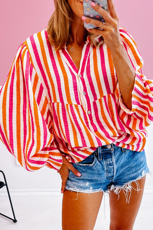 Blue Zone Planet | Orange Stripe Balloon Sleeve Notched V Neck Buttoned Front Blouse-Tops/Blouses & Shirts-[Adult]-[Female]-Orange Stripe-S-2022 Online Blue Zone Planet