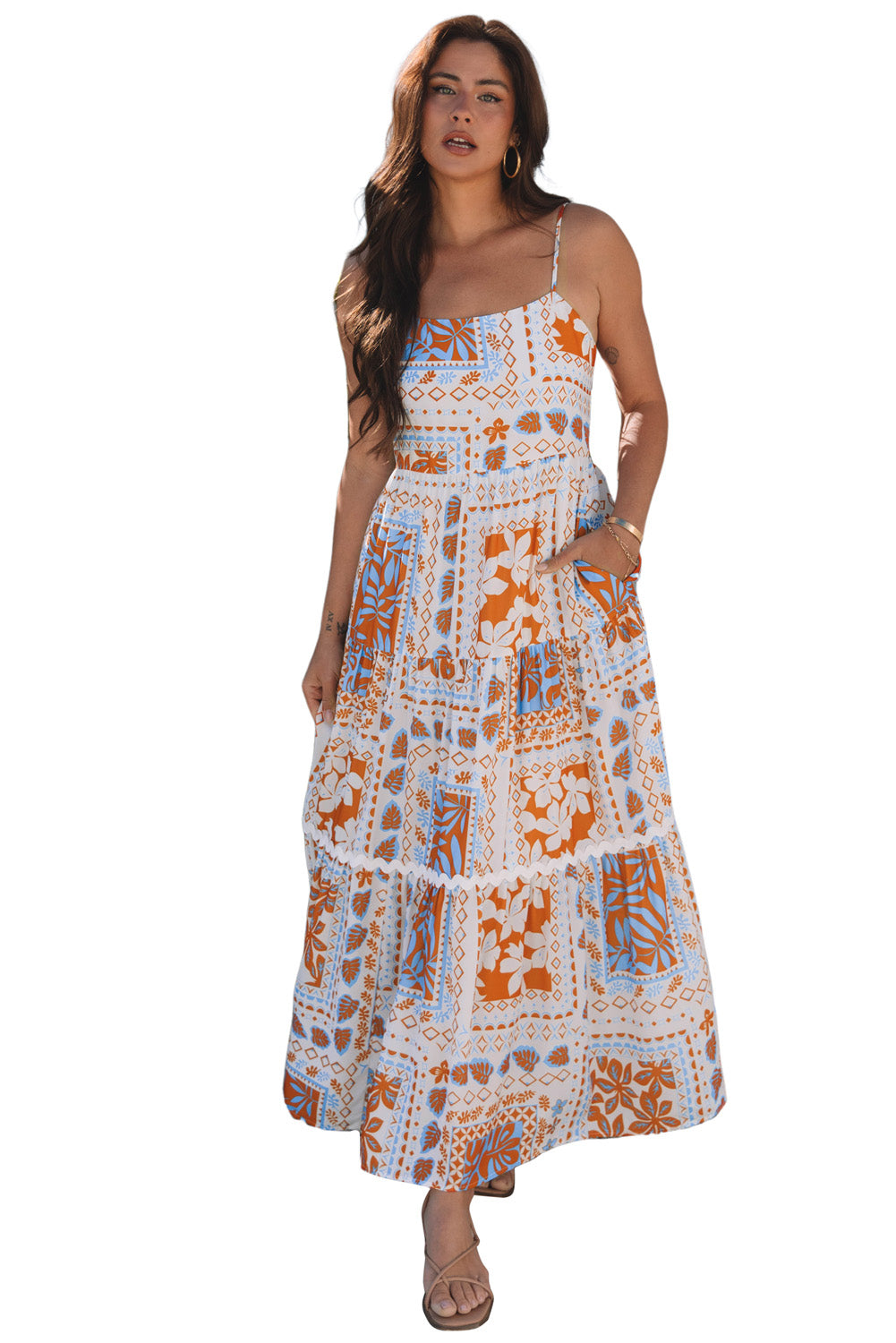 Orange Multi Printed Ricrac Trim Spaghetti Straps Maxi Dress-TOPS / DRESSES-[Adult]-[Female]-2022 Online Blue Zone Planet