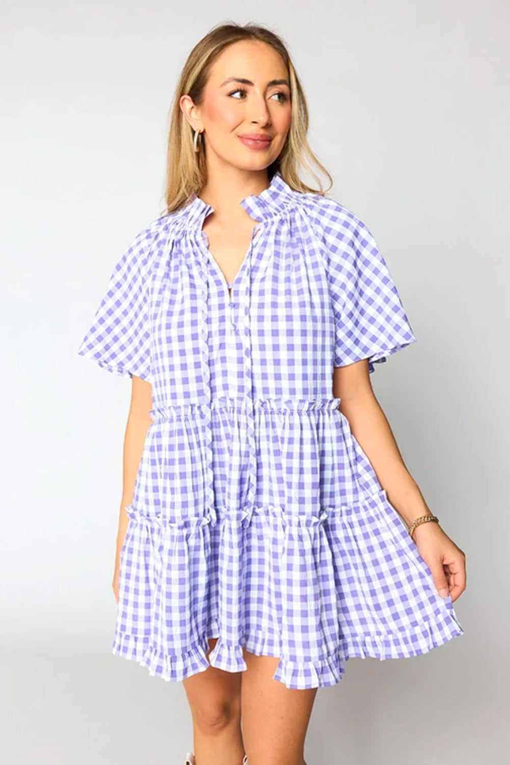 Lavendula Plaid Ruffle Wide Short Sleeve Babydoll Mini Dress-TOPS / DRESSES-[Adult]-[Female]-2022 Online Blue Zone Planet